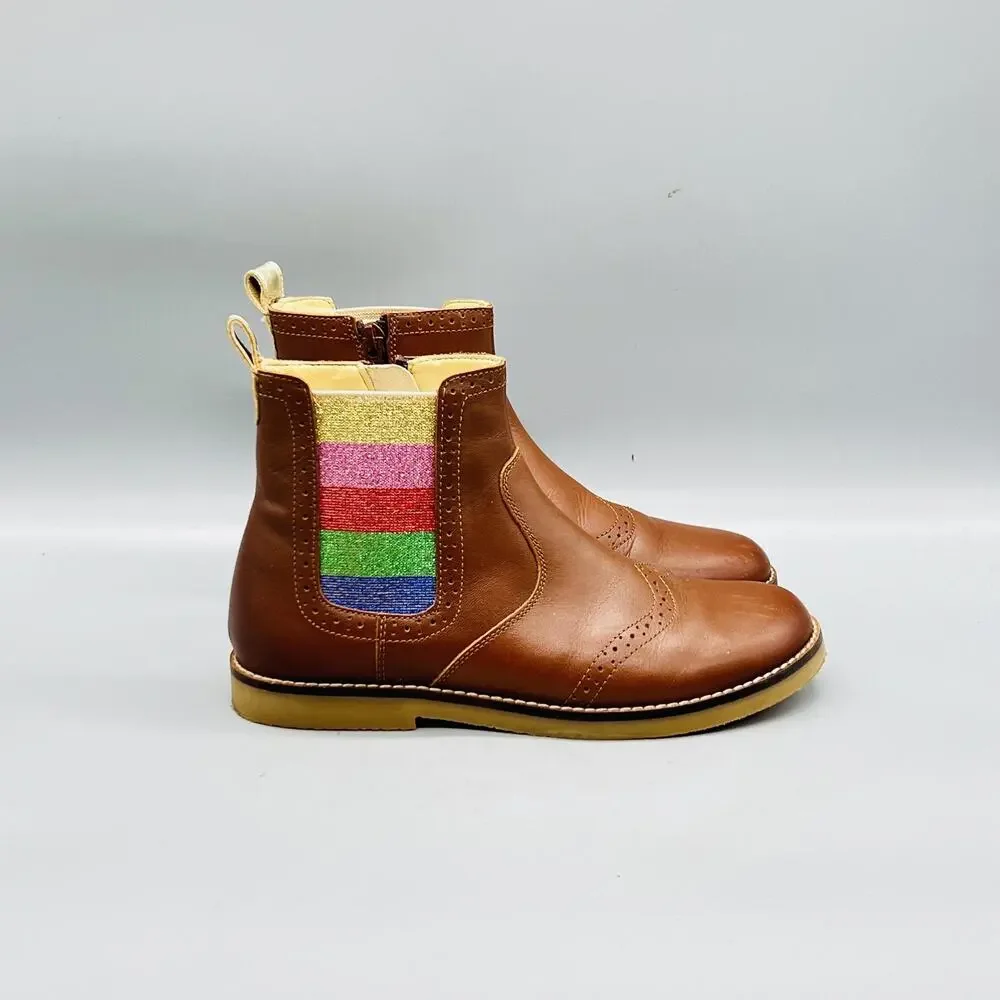 Mini Boden Boots Girls 1.5 Brown Leather Chelsea Ankle Glitter Stripe Zip Brogue